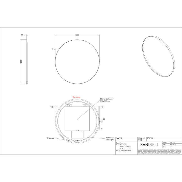 Sanibell Ink SP17 spejl med lys, dæmpbar, dugfri, Ø100 cm, børstet mat guld