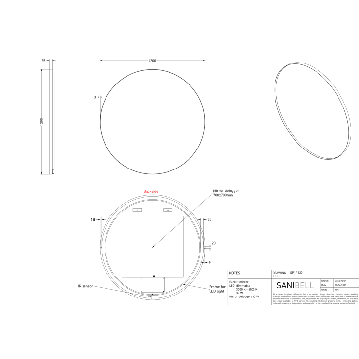 Sanibell Ink SP17 speil med lys, dimbar, duggfri, hvit, Ø120 cm