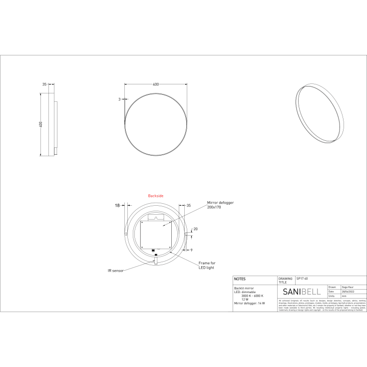 Sanibell Ink SP17 spejl med lys, dæmpbar, dugfri, sort, Ø40 cm