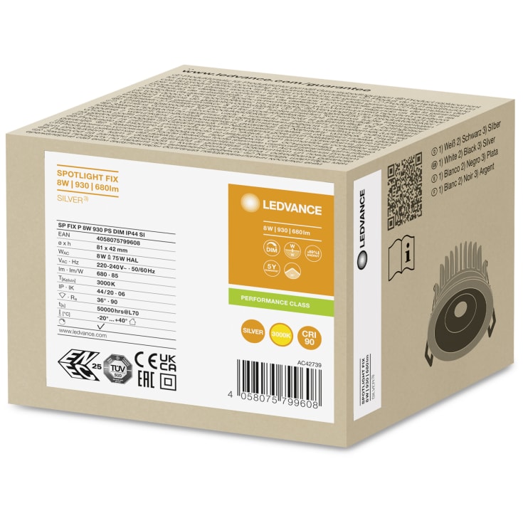 Ledvance Spot Fix innfelt spotlight, 3000K, sølv