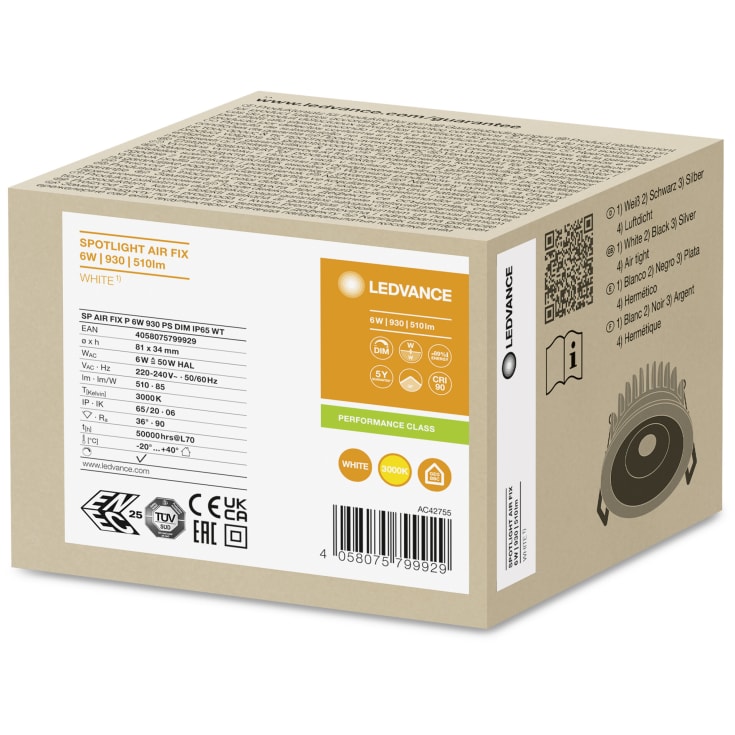 Ledvance Spot Air Fix innfelt spotlight, 3000K, hvit