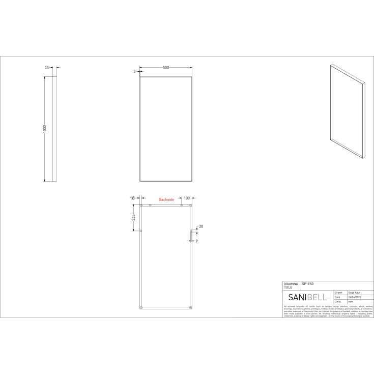 Sanibell Ink SP18 spejl, sort, 50x100 cm
