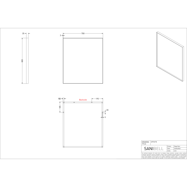 Sanibell Ink SP18 speil, sort, 70x80 cm