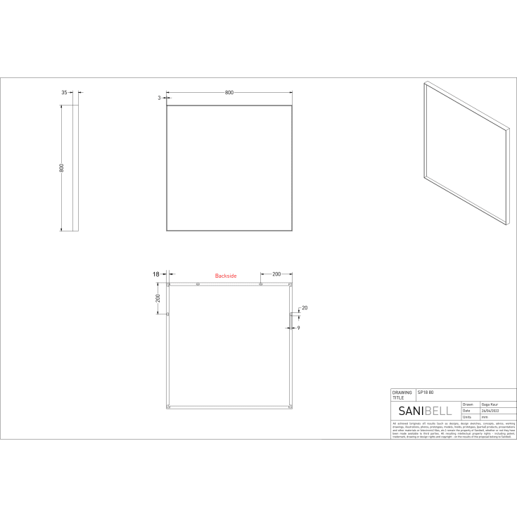 Sanibell Ink SP18 speil, sort, 80x80 cm