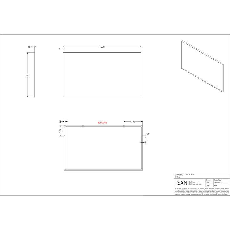 Sanibell Ink SP18 spejl, sort, 140x80 cm
