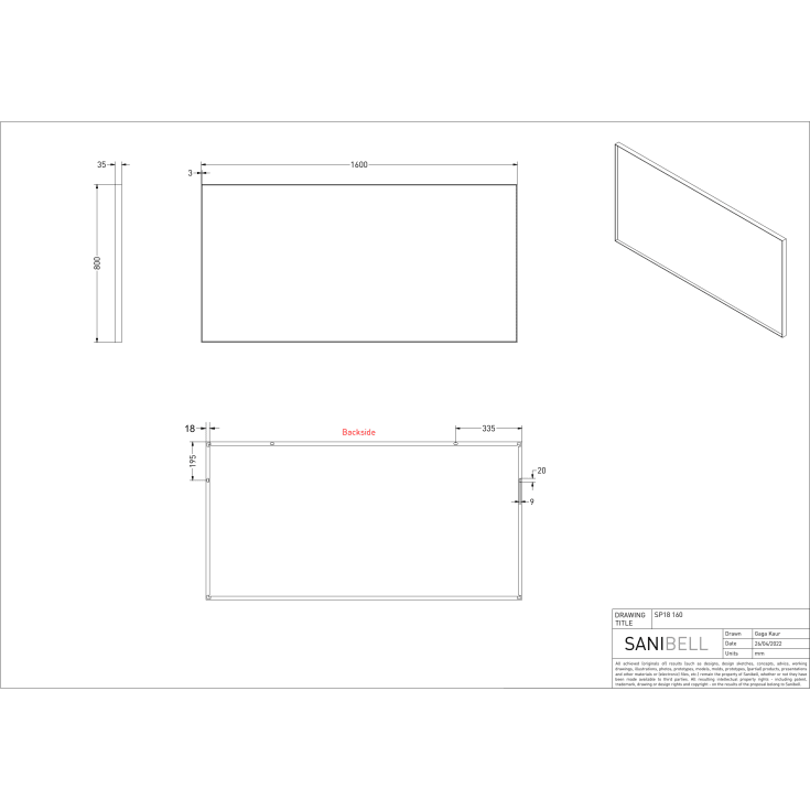 Sanibell Ink SP18 speil, sort, 160x80 cm
