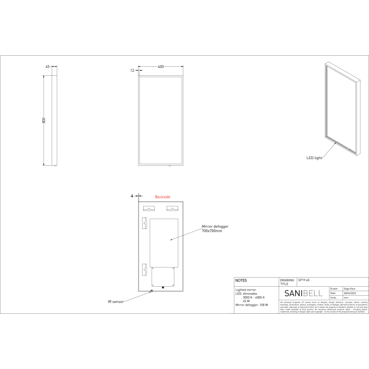 Sanibell Ink SP19 spegel med belysning, dimbar, imfri, 40x80 cm, svart