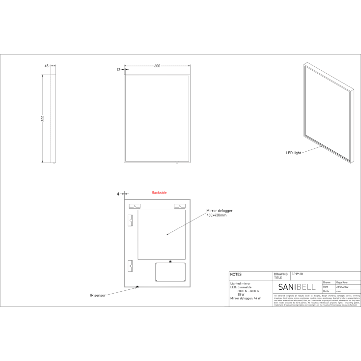 Sanibell Ink SP19 spejl med lys, dæmpbar, dugfri, sort, 60x80 cm