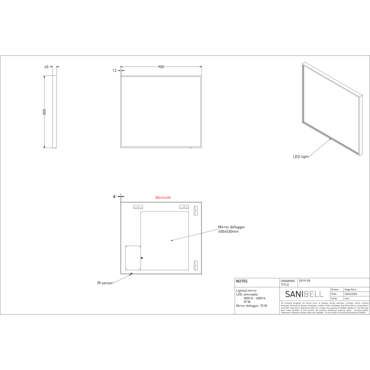 Sanibell Ink SP19 spejl med lys, dæmpbar, dugfri, sort, 90x80 cm
