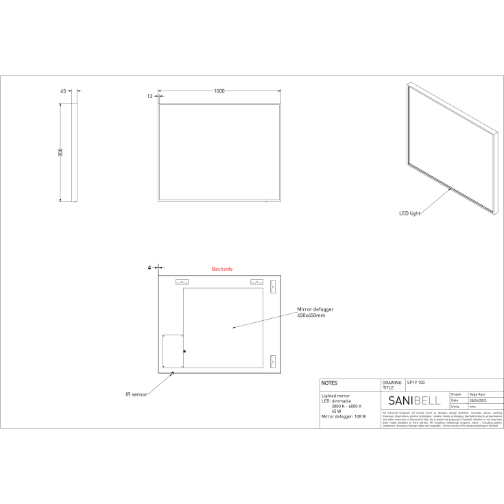 Sanibell Ink SP19 spejl med lys, dæmpbar, dugfri, sort, 100x80 cm