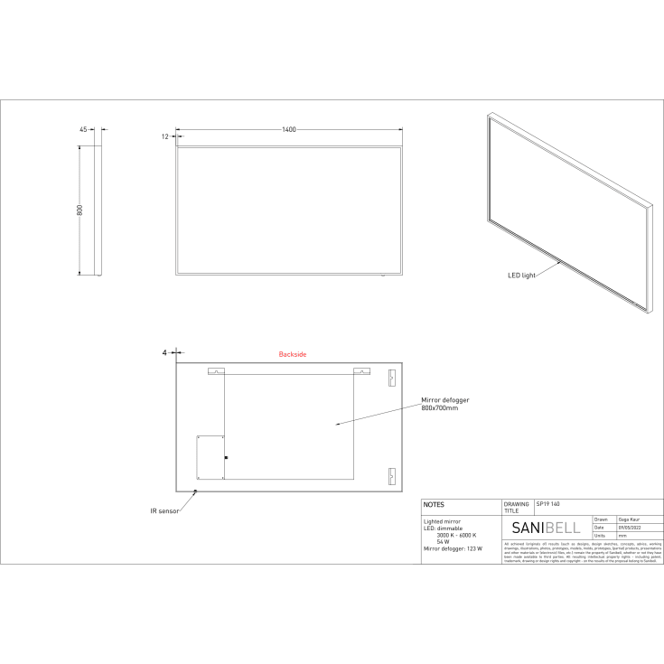 Sanibell Ink SP19 speil med lys, dimbar, duggfri, sort, 140x80 cm
