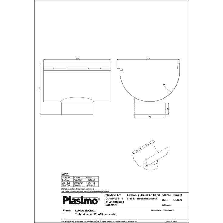 Plastmo tudstykke nr. 12 / 75 mm, aluzink