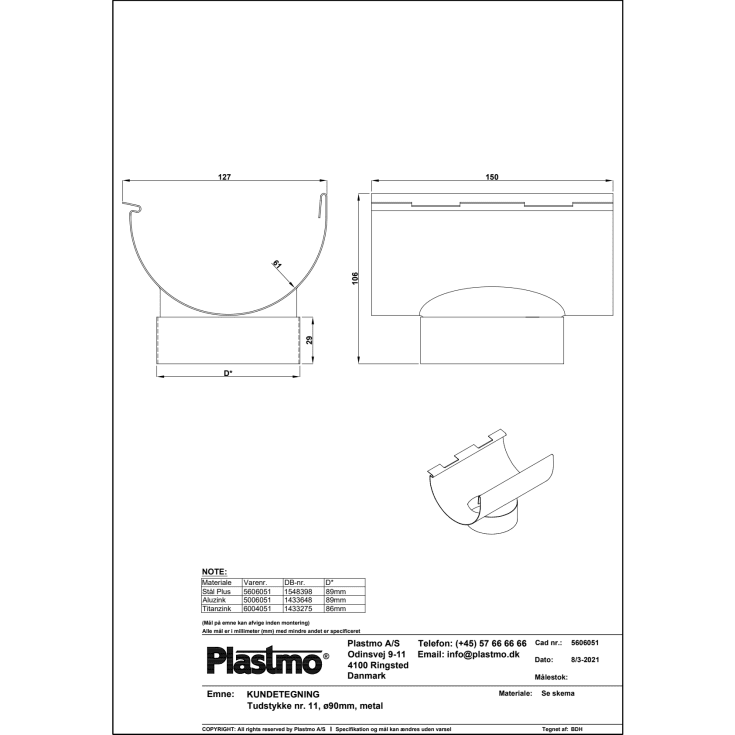 Plastmo tudstykke nr. 11 / 90 mm, aluzink