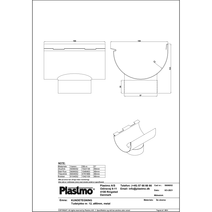 Plastmo tudstykke nr. 12 / 90 mm, aluzink