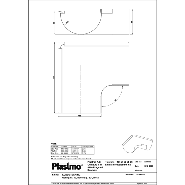 Plastmo 90° udvendig gering i aluzink til tagrende nr. 12