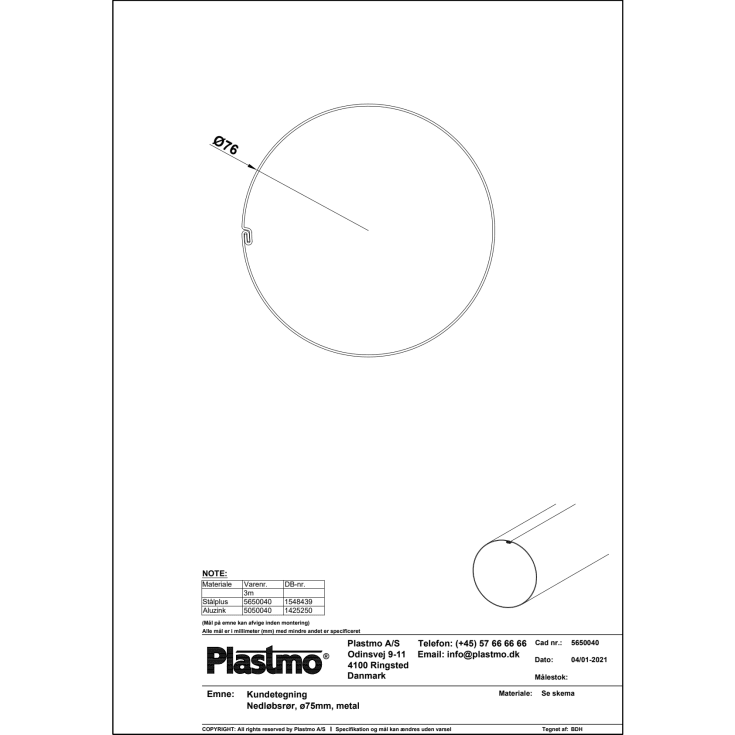 Plastmo nedløbsrør 75 x 3000 mm, aluzink