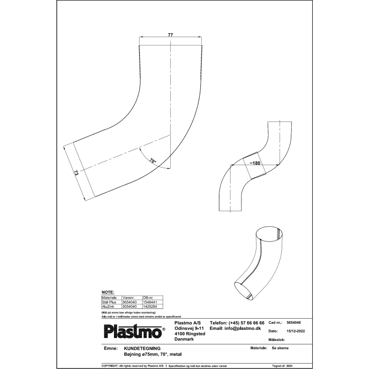 Plastmo 70° bøjning i aluzink med Ø75 mm nedløb