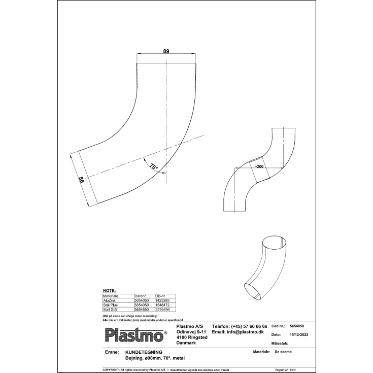 Plastmo bøjning 70 grader / 90 mm, aluzink