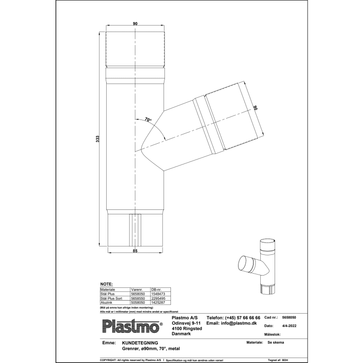 Plastmo grenrør 70 grader / 90 mm, aluzink