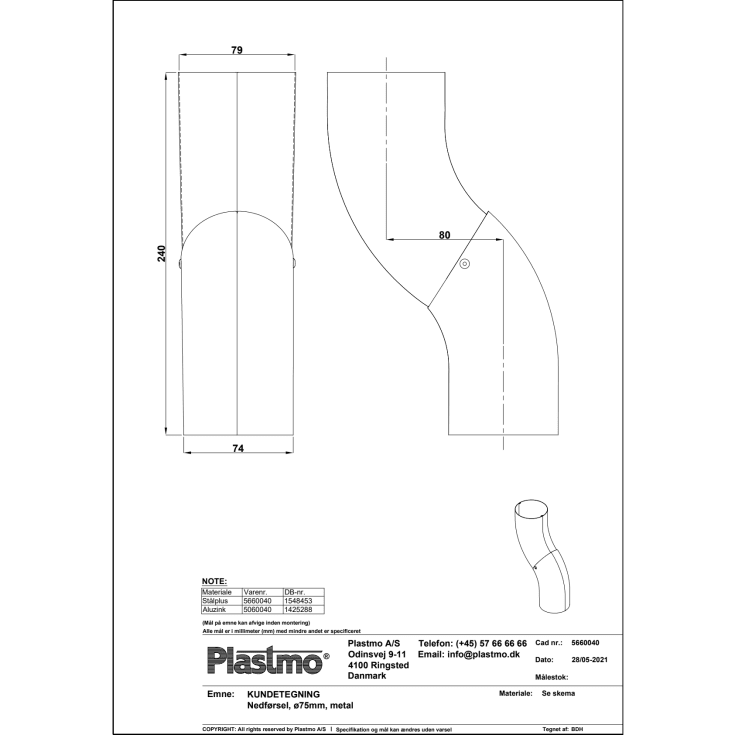 Plastmo nedførsel 75 mm, aluzink