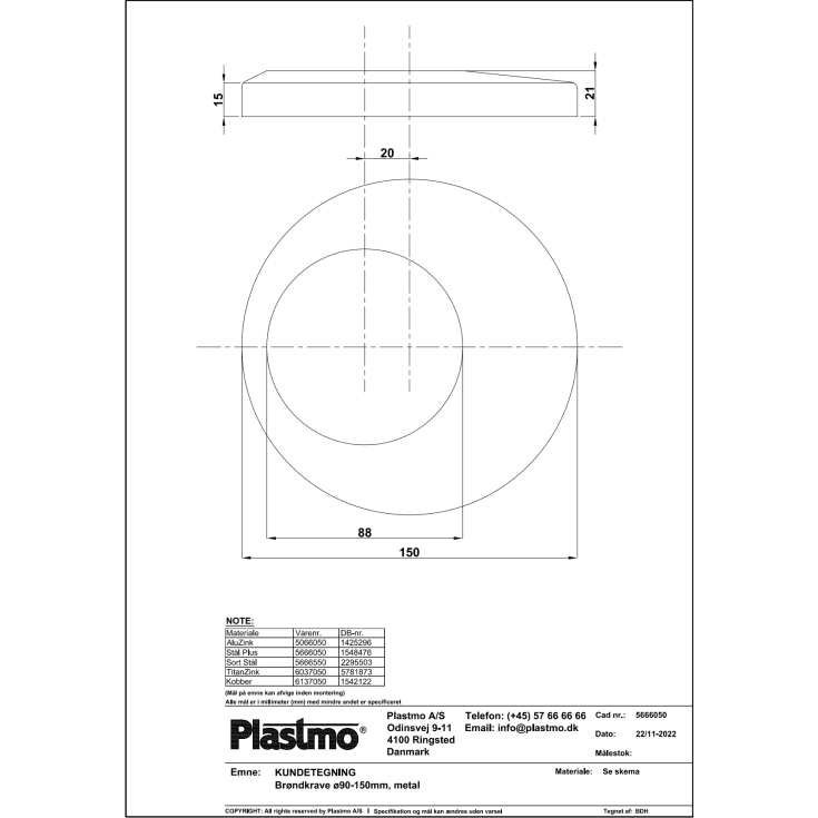 Plastmo brøndkrave i aluzink med nedløb Ø90 x 150 mm