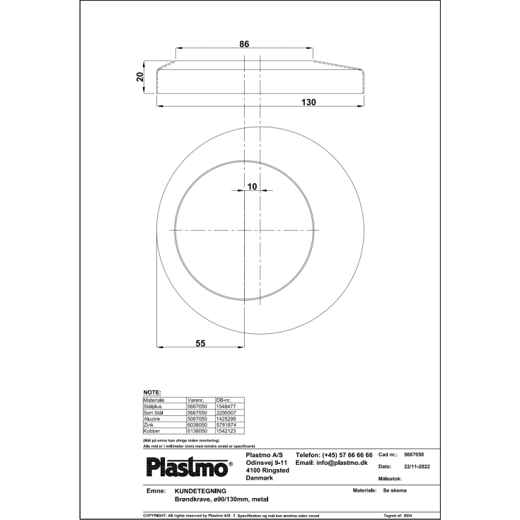 Plastmo brøndkrave i aluzink med nedløb Ø90 x 130 mm