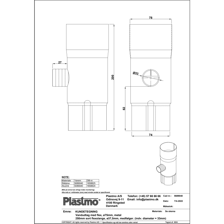 Plastmo vandudtag m/flexslange 75 mm, aluzink