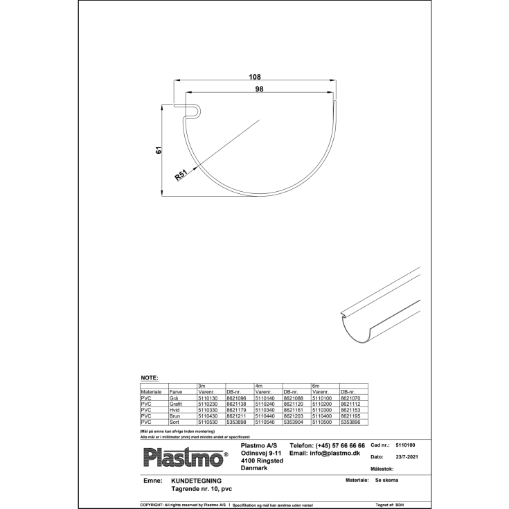 Plastmo tagrende nr. 10 á 6 meter, grå