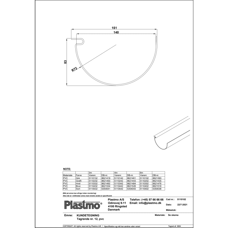 Plastmo tagrende nr. 12 á 6 meter, grå