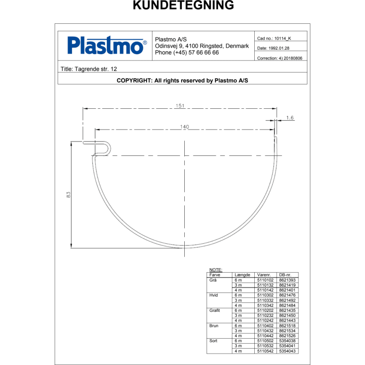 Plastmo tagrende nr. 12 á 6 meter, hvid