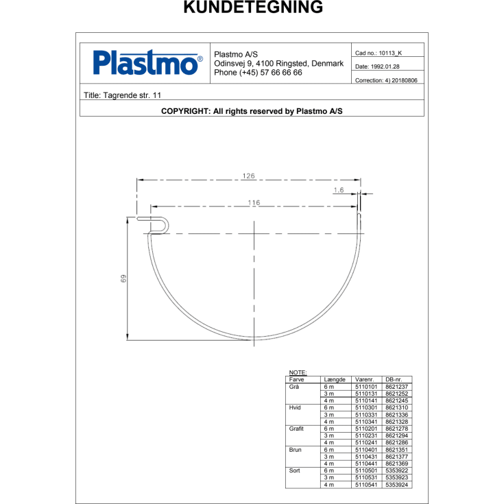Plastmo tagrende nr. 11 á 3 meter, hvid
