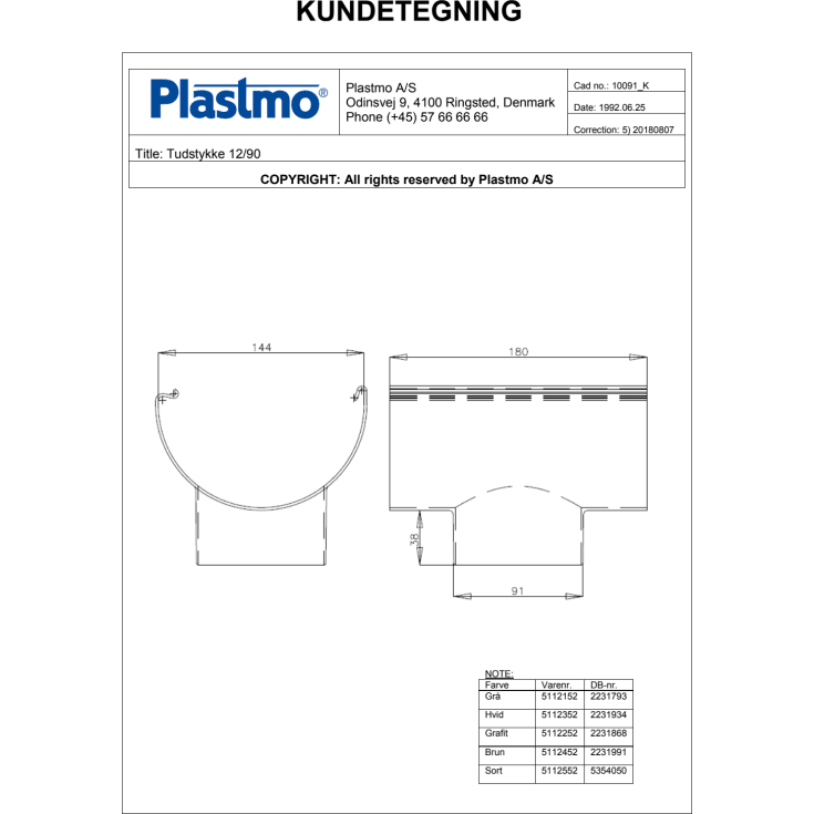 Plastmo tudstykke nr. 12 / 90 mm, grafit