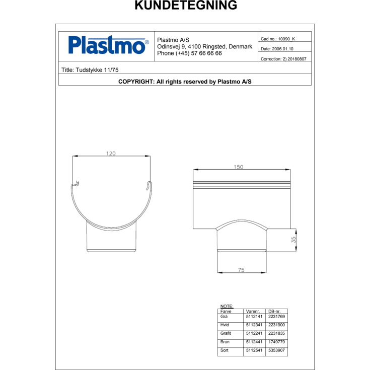 Plastmo tudstykke nr. 11 / 75 mm, hvid