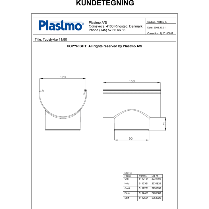 Plastmo tudstykke nr. 11 / 90 mm, hvid
