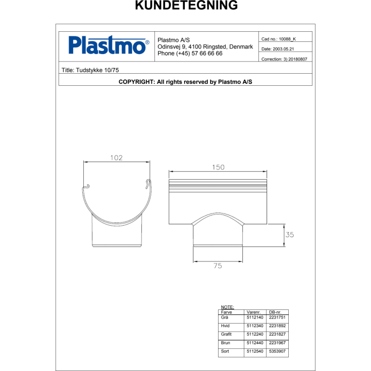 Plastmo tudstykke nr. 10 / 75 mm, sort