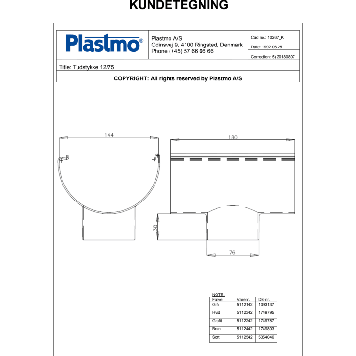 Plastmo tudstykke nr. 12 / 75 mm, sort