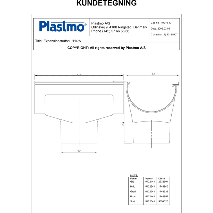Plastmo ekspansionstudstykke nr. 11 / 90mm, grå