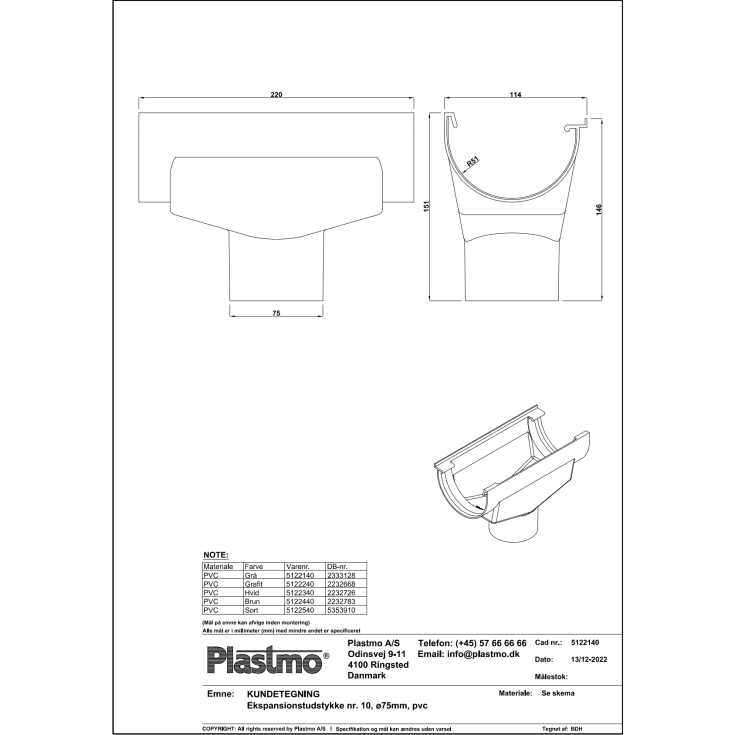 Plastmo ekspansionstudstykke nr. 10 / 75 mm, sort