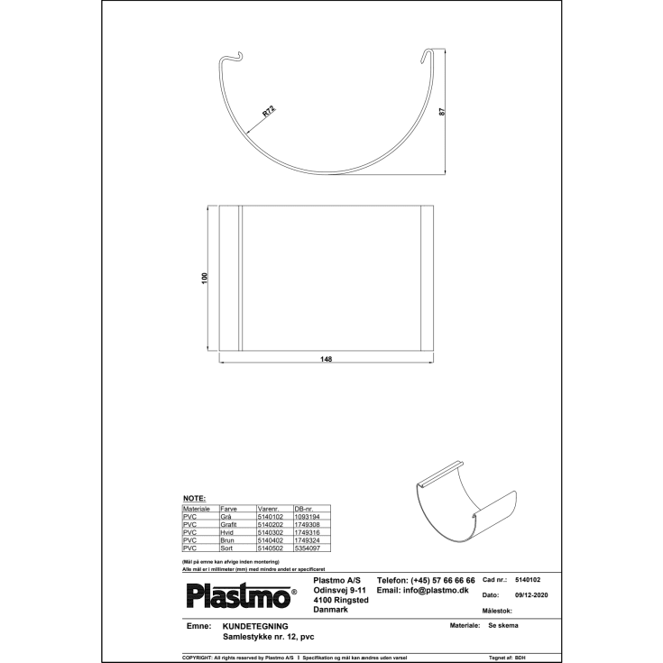 Plastmo samlestykke i grĂ¥ til tagrende nr. 12