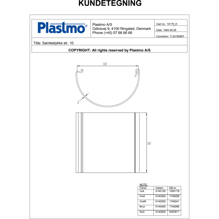 Plastmo samlestykke i sort til tagrende nr. 10