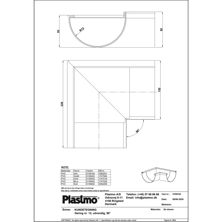 Plastmo udvendig gering nr. 12 / 90 grader, grå