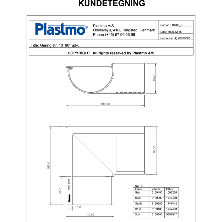 Plastmo udvendig gering nr. 10 / 90 grader, grafit