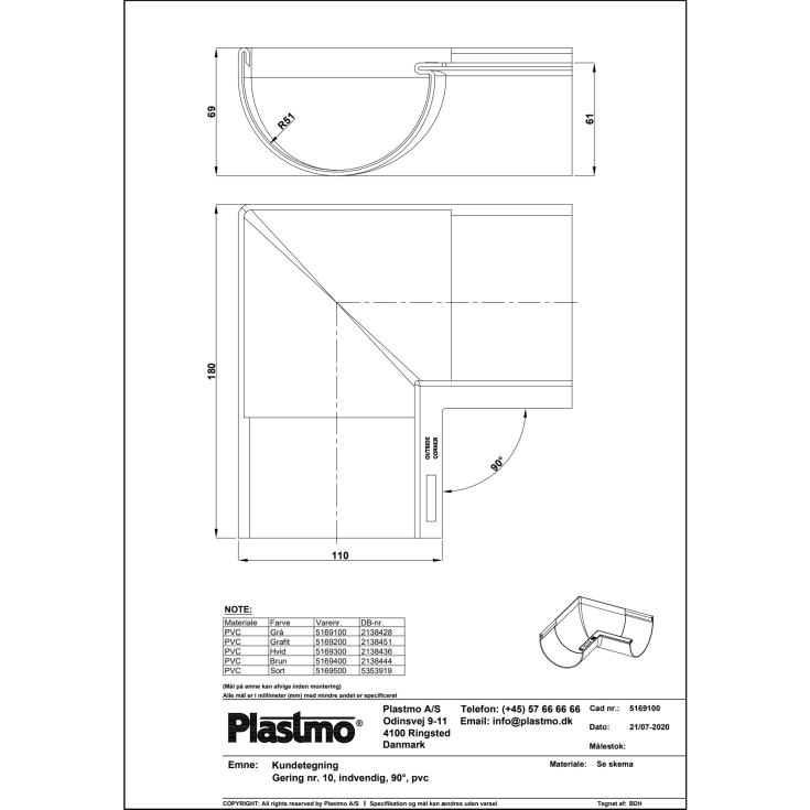 Plastmo indvendig gering nr. 10 / 90 grader, grå