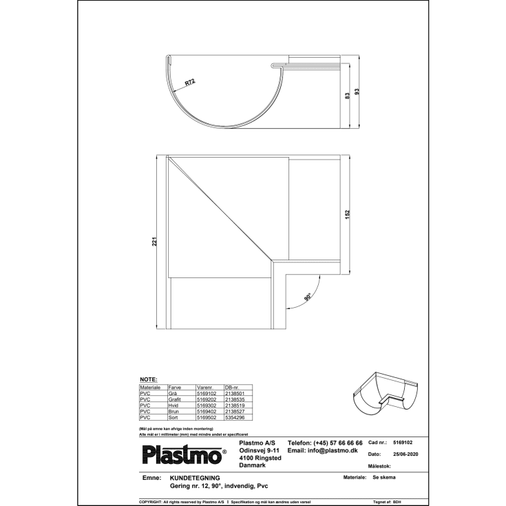 Plastmo indvendig gering nr. 12 / 90 grader, grå