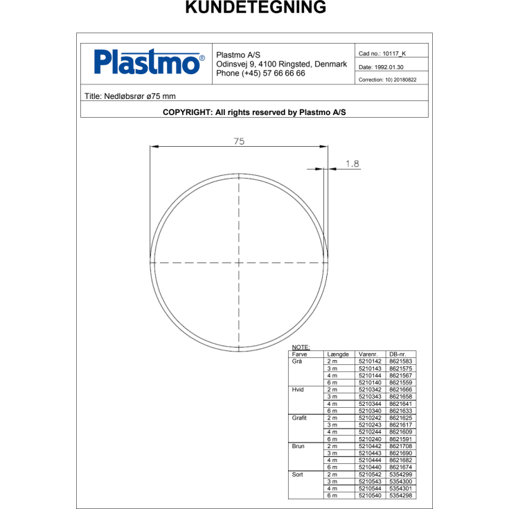 Plastmo nedløbsrør 75 x 6000 mm, grå