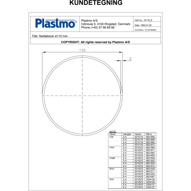 Plastmo nedløbsrør 110 x 6000 mm, grå