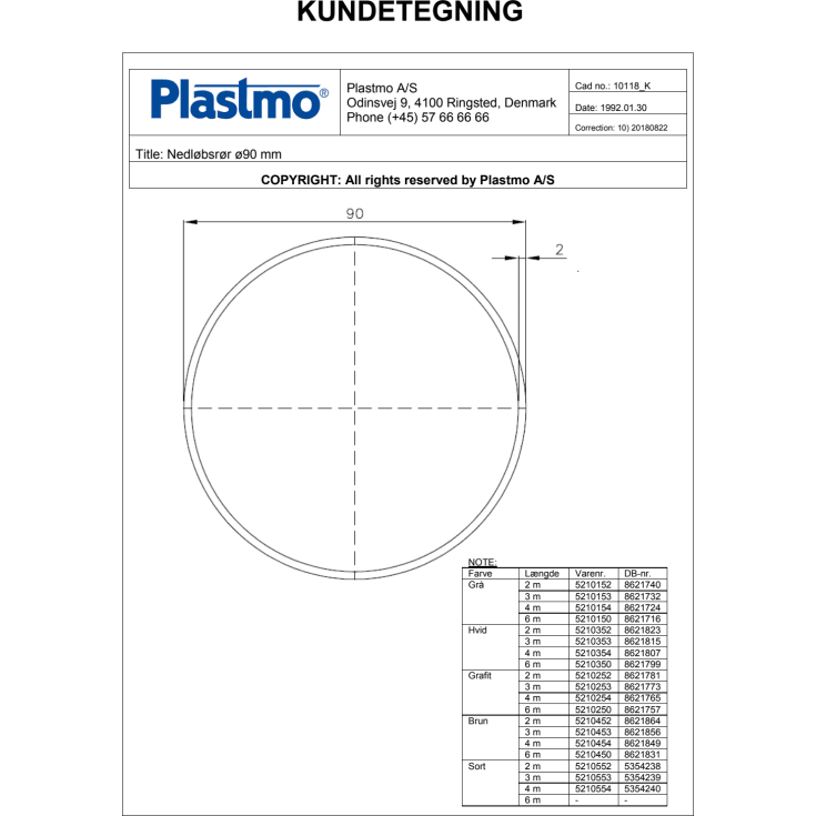 Plastmo nedløbsrør 90 x 6000 mm, hvid