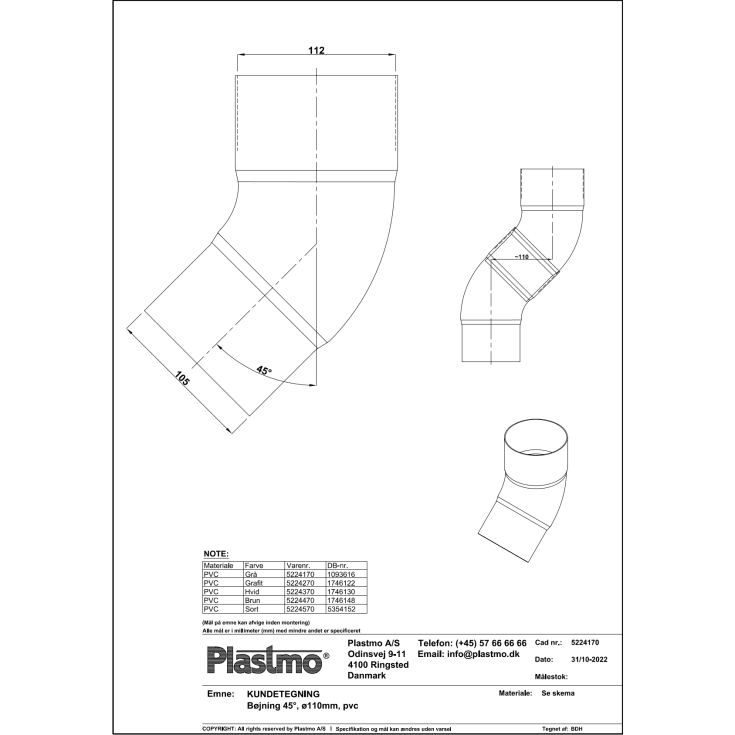 Plastmo bøjning 45 grader / 110 mm, hvid