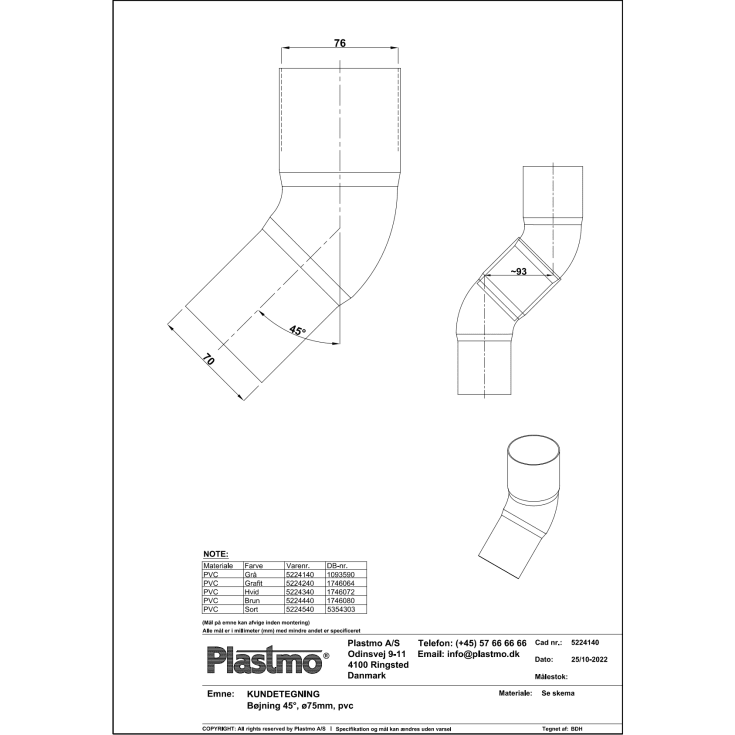Plastmo 45° bøjning i hvid med Ø75 mm nedløb