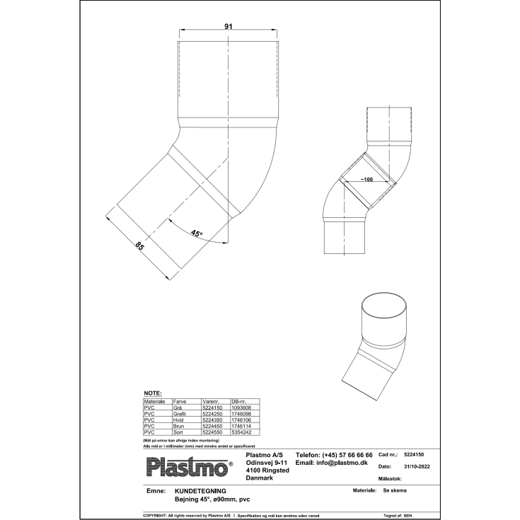Plastmo 45° bøjning i sort med Ø90 mm nedløb